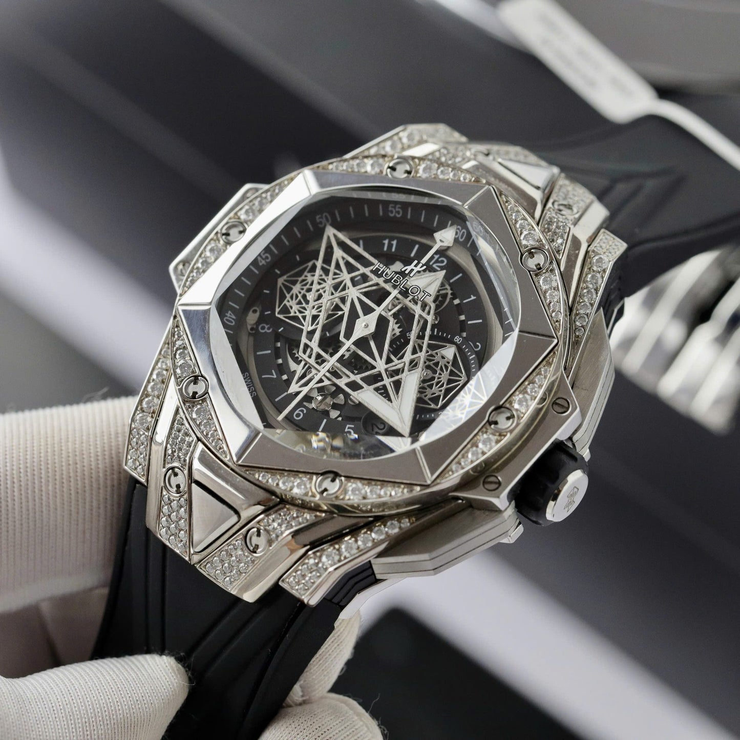 Hublot Big Bang Sang Bleu II Replica Watch Custom Moissanite Diamonds 44mm