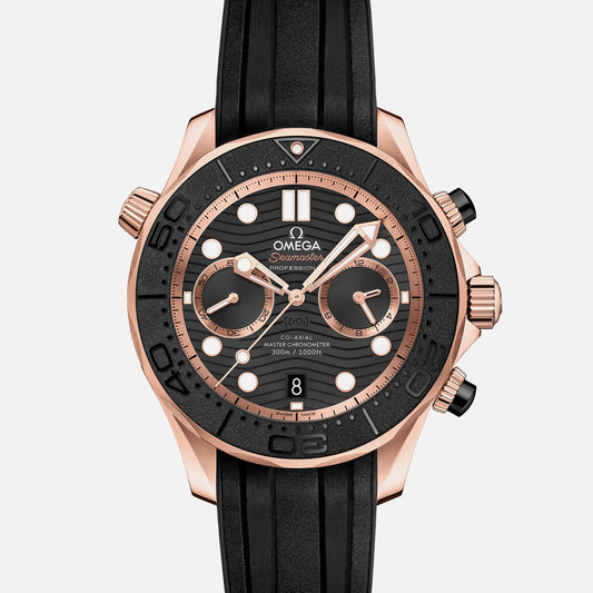Seamaster Diver 300M Co-Axial Master Chronometer Chronograph 44mm Sedna Gold Black Dial On Rubber Strap(1:1 replica)