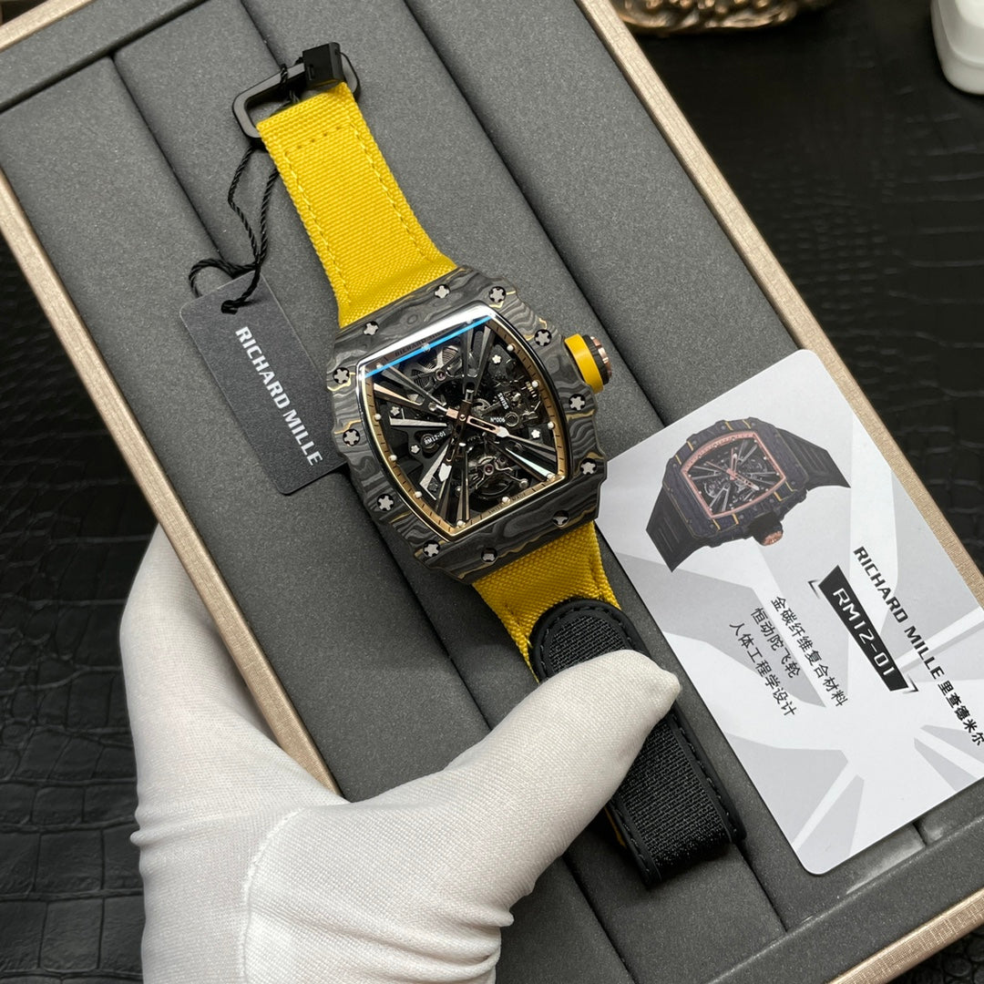 Swiss Replica Richard Mille RM 12-01 Tourbillon Watch ¨C Bold Yellow Fabric Strap, Carbon Fiber Barrel Case, Skeleton Dial