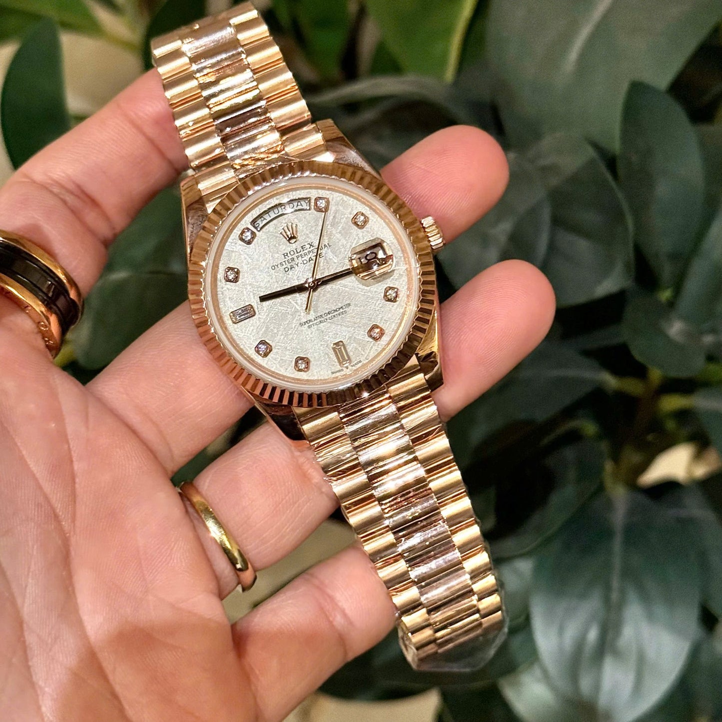 Rolex Replica Watch Day-Date Meteorite Dial With Moissanite Diamonds Hour Markers Custom Gold Wrapped GMF 40mm