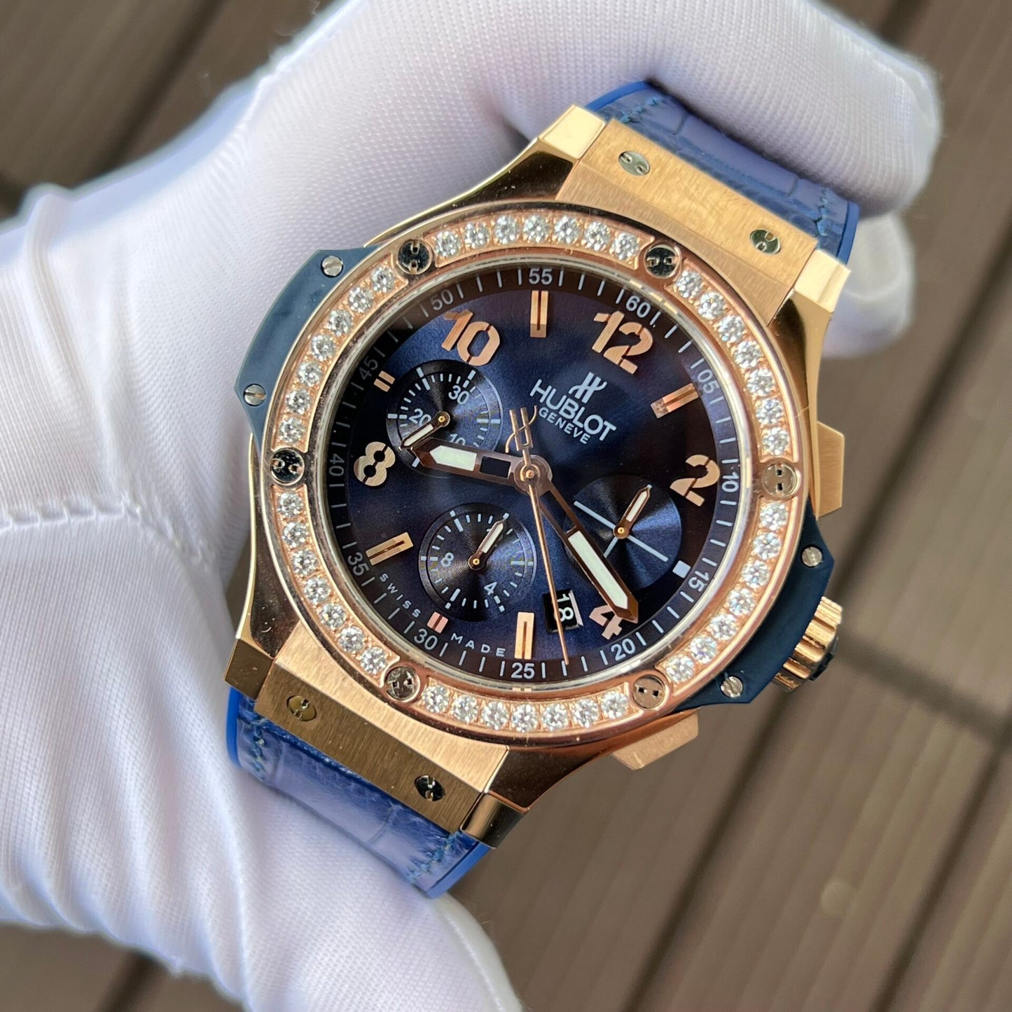 Hublot Big Bang Chronograph Replica Watch King Gold Blue With Diamond Bezel 44mm