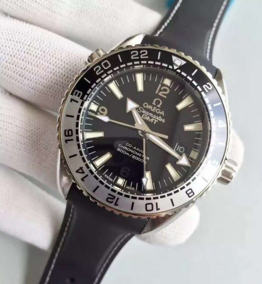Replica Omega Planet Ocean 600M GMT Black/Silver Bezel Black Dial Rubber Strap A8906