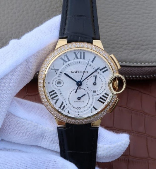 Replica Cartier Ballon Bleu De Cartier Chrono YG White Dial Diamonds Bezel A8101