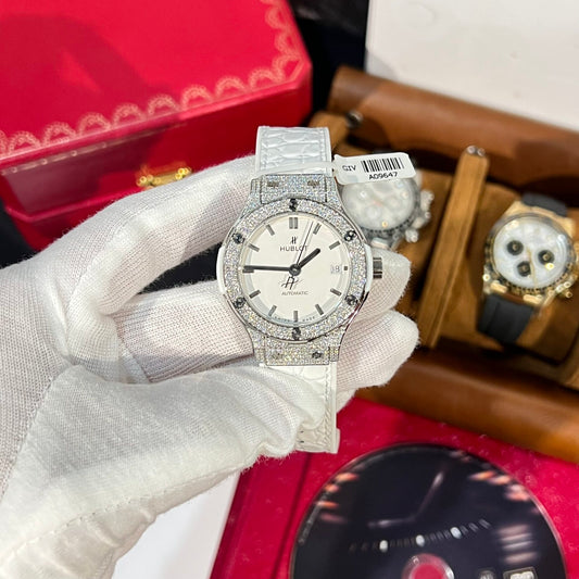 Hublot Replica 11 Watch Classic Fusion Titanium White Dial Full Moissanite Case 38mm