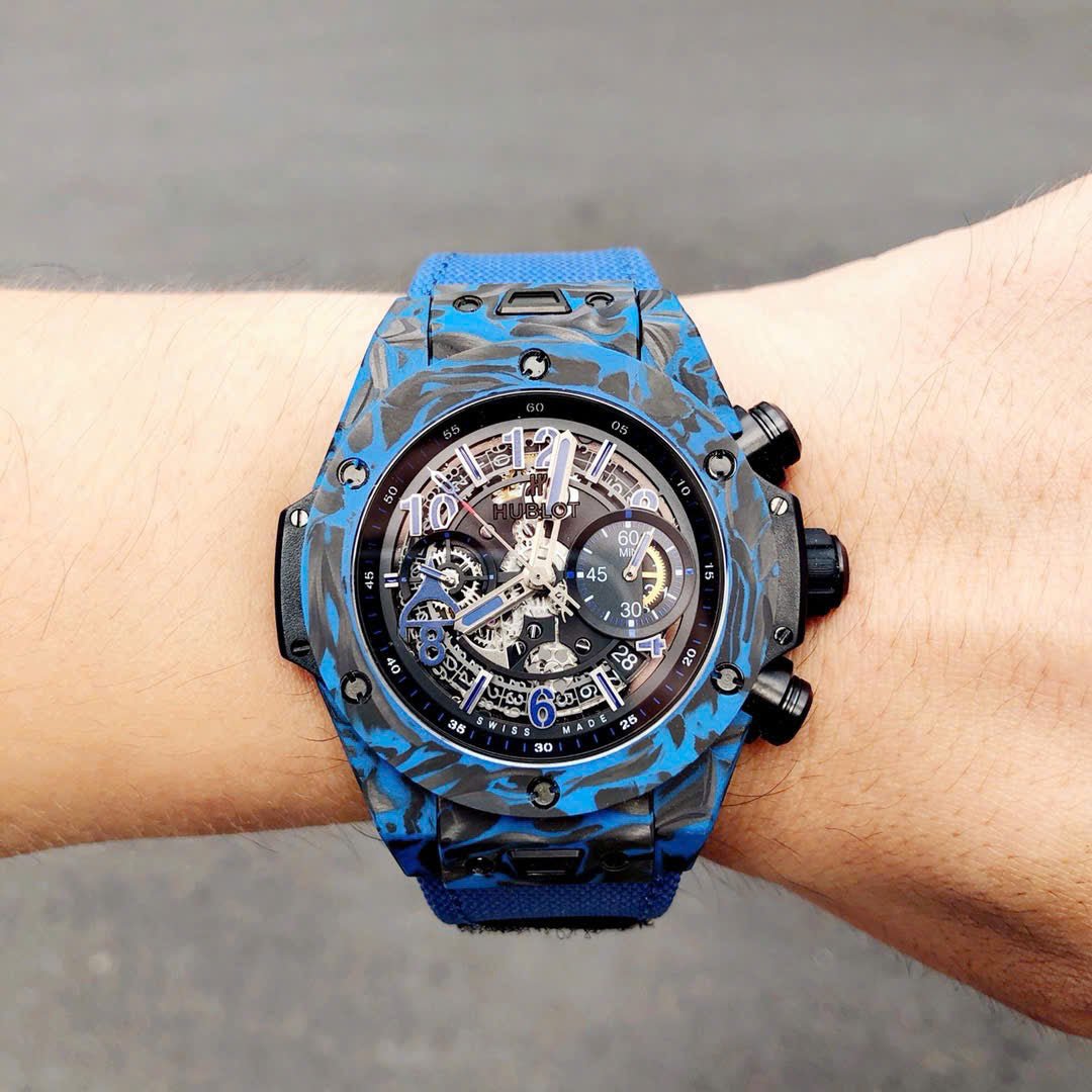 Hublot Big Bang Unico Blue Carbon Replica Watches Best Quality Fabric Strap 45mm
