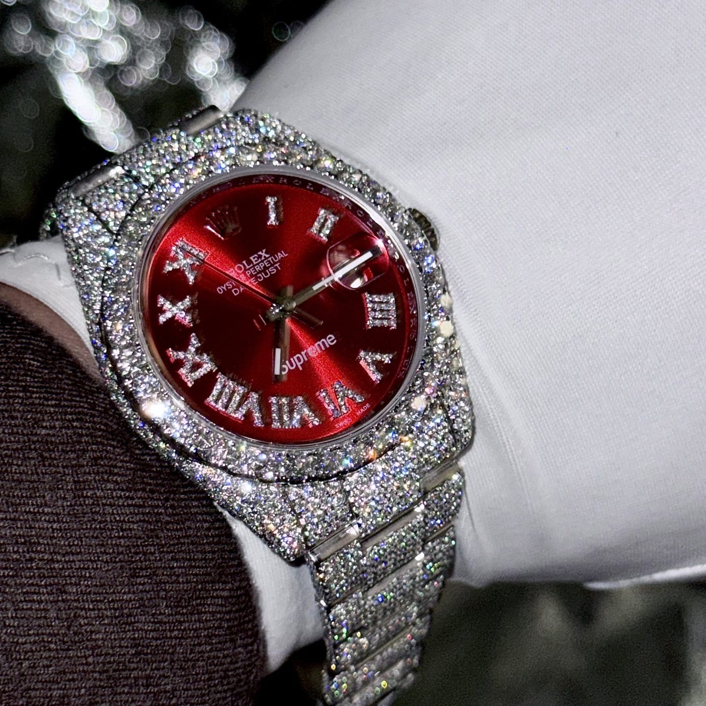 Rolex Best Replica Watch DateJust Supreme Custom Moissanite Diamonds Red Dial 41mm