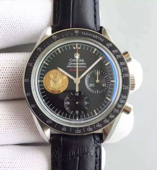Replica Omega Speedmaster Apollo 11 40th anniversary Black Dial Leather Manual Winding