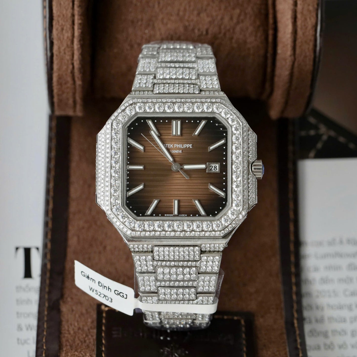 Patek Philippe Cubitus 5821 Dial Brown Replica Watch Full Diamonds Moissanite Hong Kong 45mm