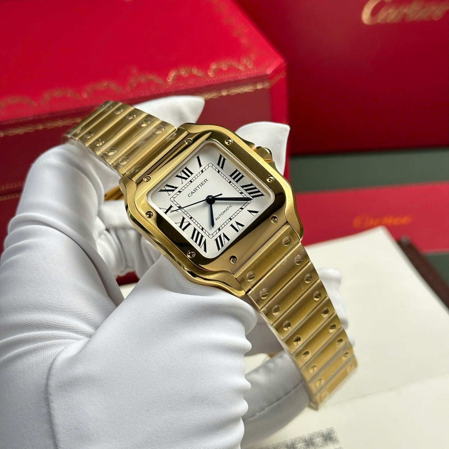 Cartier Santos Yellow Replica Watch White Dial BV Factory 35mm