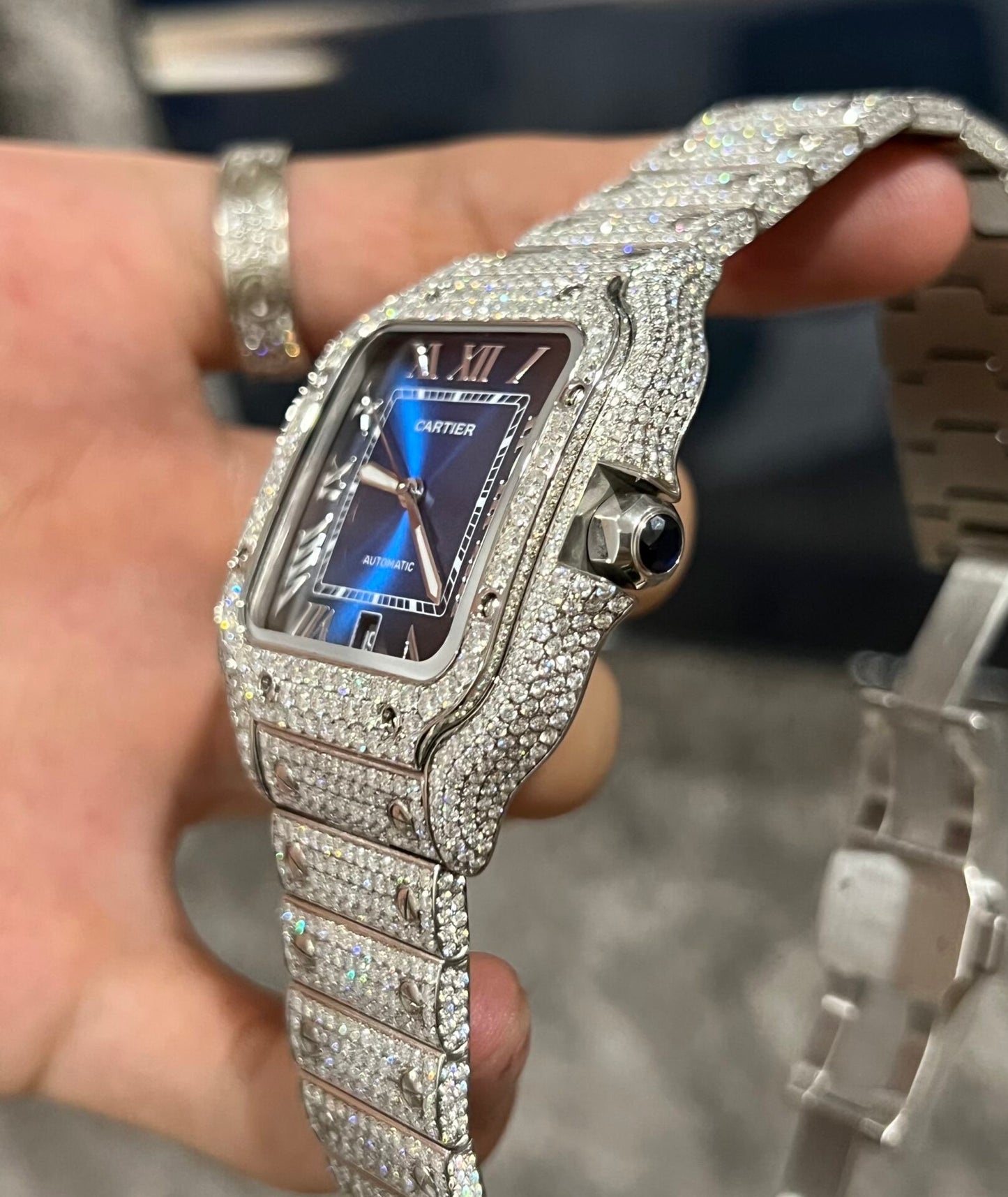 Cartier Santos Best Replica Watch Custom Moissanite Diamonds Blue Dial 39.8mm