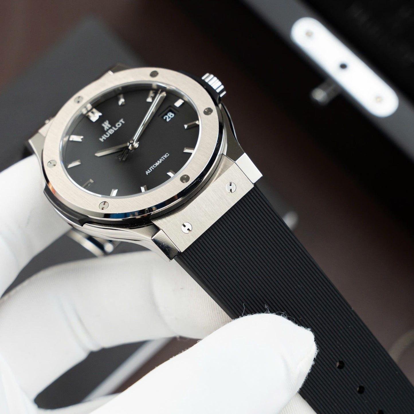 Hublot Classic Fusion Titanium Dial Black Replica Watch Movement SW300 Rubber Strap 42mm