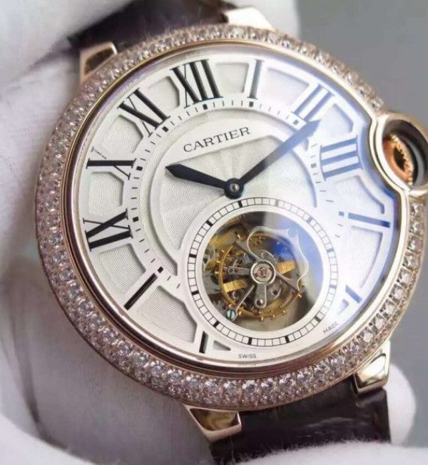 Replica Cartier Ballon Bleu Tourbillon RG Diamond Bezel Brown Leather Strap