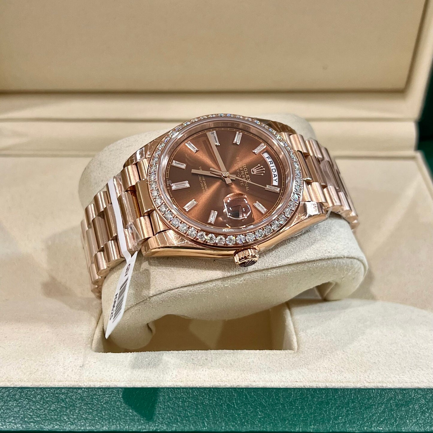 Rolex Fake Watch Day-Date Dial Chocolate Moissanite Diamonds Custom 40mm