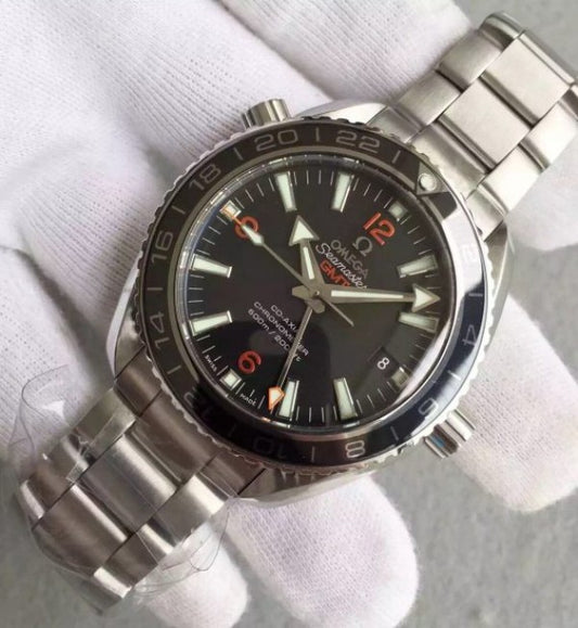 Replica Omega Planet Ocean SS GMT Black Dial Orange Markers SS Bracelet A8605