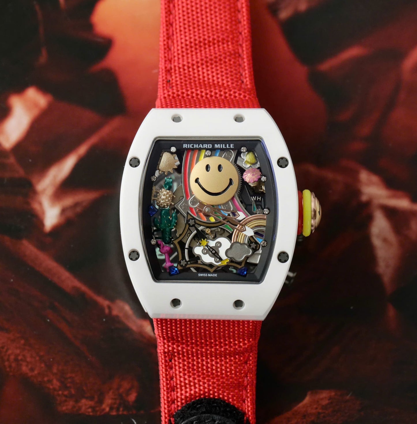 Richard Mille Best Copies Watch RM88 Smiley White Ceramic Fabic Nato Strap 42mm