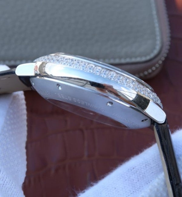 Replica Cartier Ballon Bleu De Cartier Chrono SS Black Dial Diamonds Bezel A8101