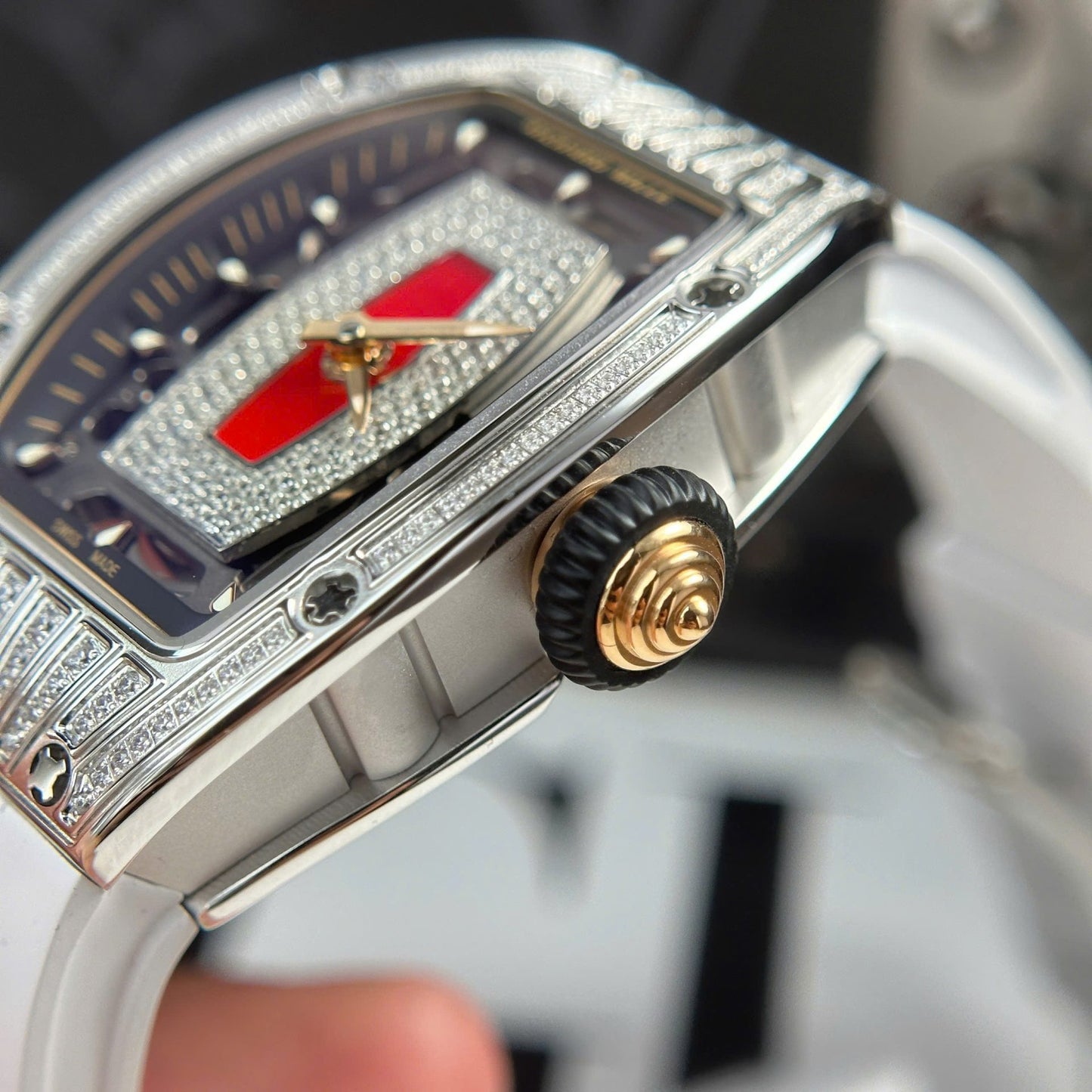 Richard Mille RM07-01 Best Replica Watches Diamonds White Rubber Strap ZF Factory 36mm