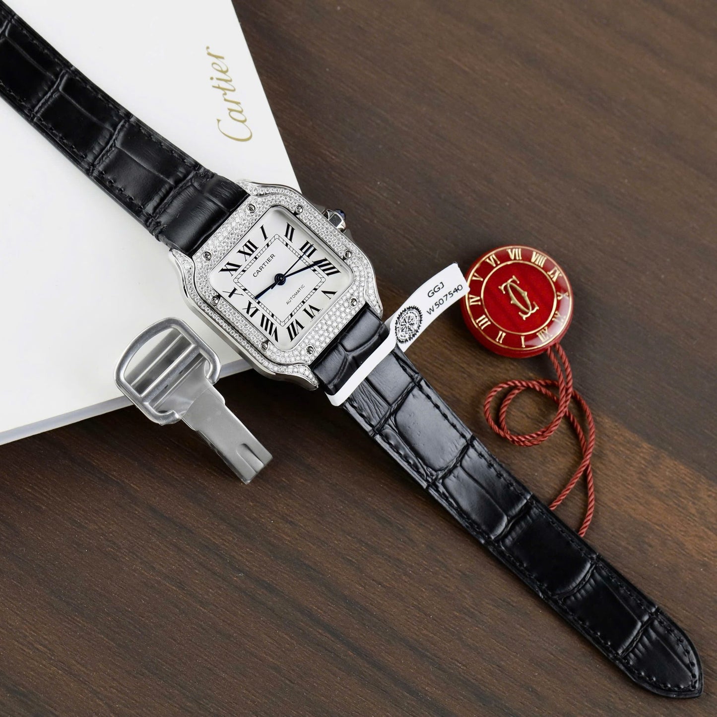 Cartier Santos Women¡¯s White Dial Copies Watches Moissanite Diamonds Custom BV Factory 35.2mm