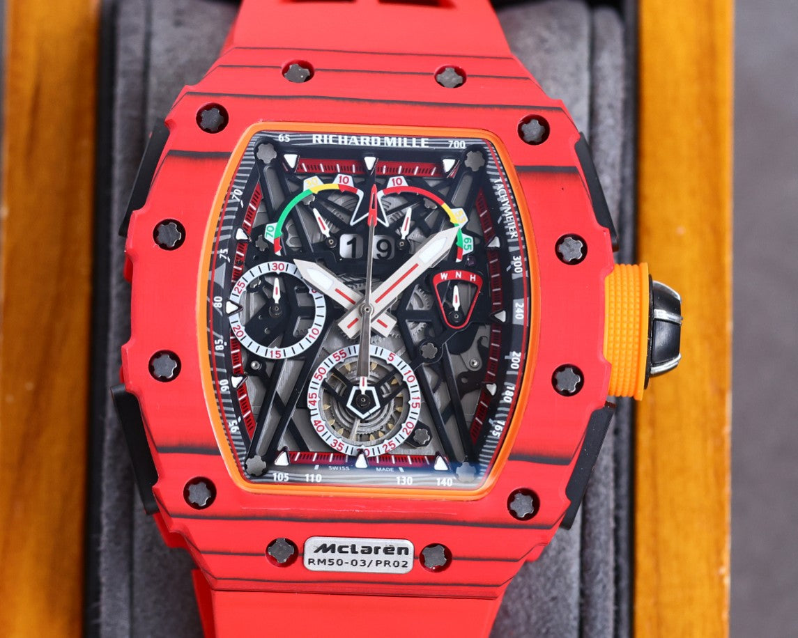 Best Richard Mille RM 50-03 Mclaren Replica Red Strap Watch For Men ¨C Red Carbon Skeleton Dial with Swiss Movement