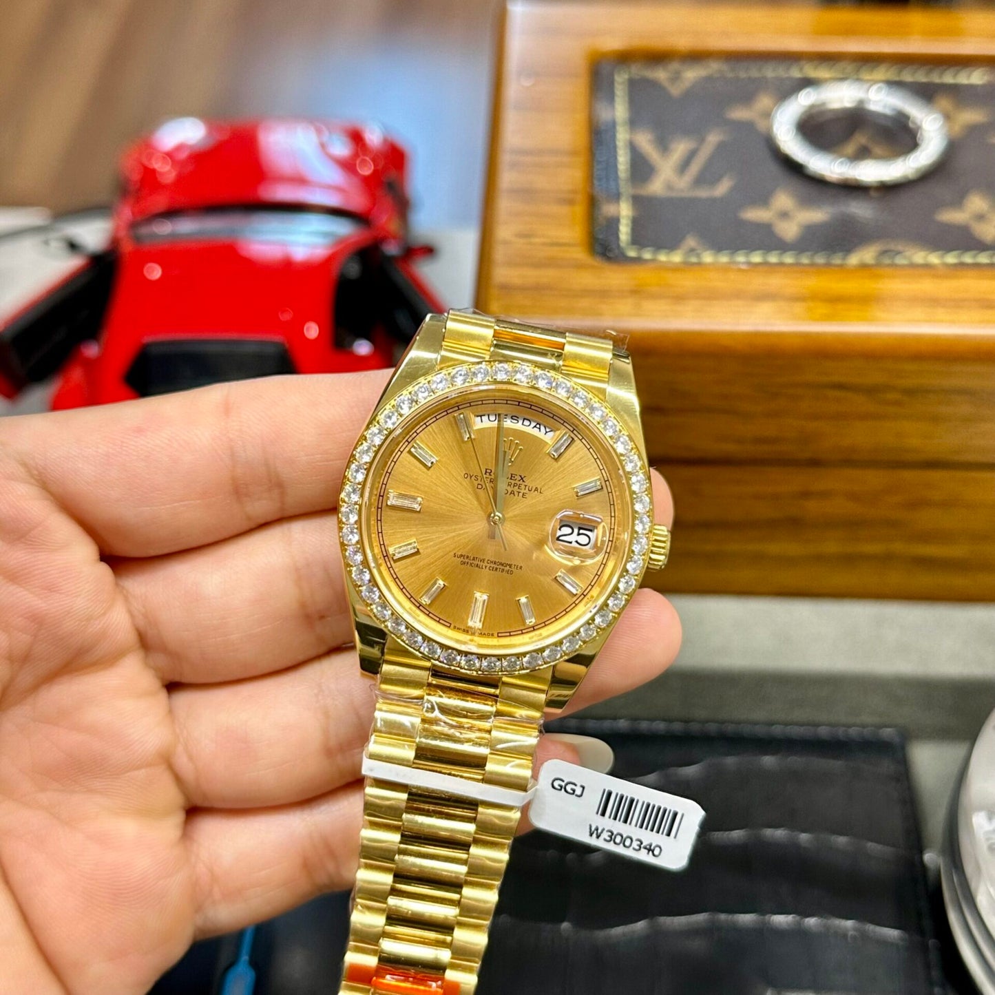 Rolex Day-Date Fake Watches Yellow Dial Moissanite Diamonds EW Factory 40mm