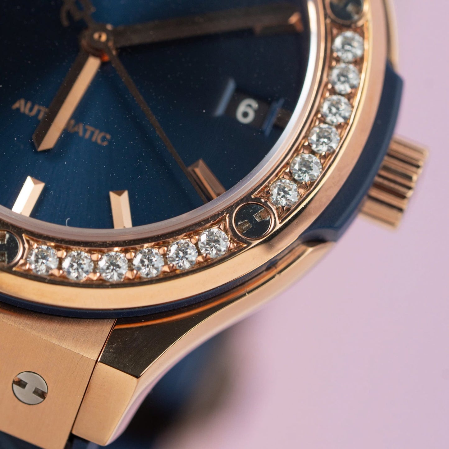 Hublot Replica Watch Classic Fusion King Gold Blue Dial Moissanite Diamond Bezel 38mm