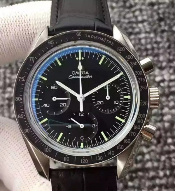 Replica Omega Speedmaster MoonWatch NASA SS Black Dial Leather Strap Manual Winding