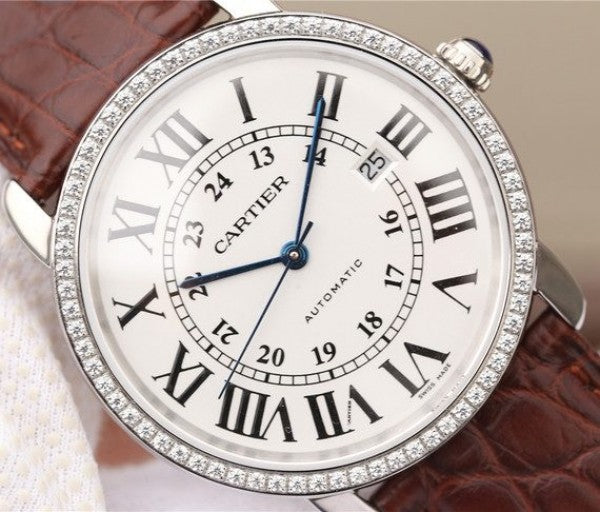 Replica Cartier Ronde De Cartier SS White Dial Diamonds Bezel Croco Strap A2892