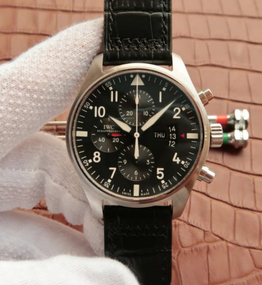 Replica IWC Pilot  Chrono IW377701 Black Dial Leather Strap