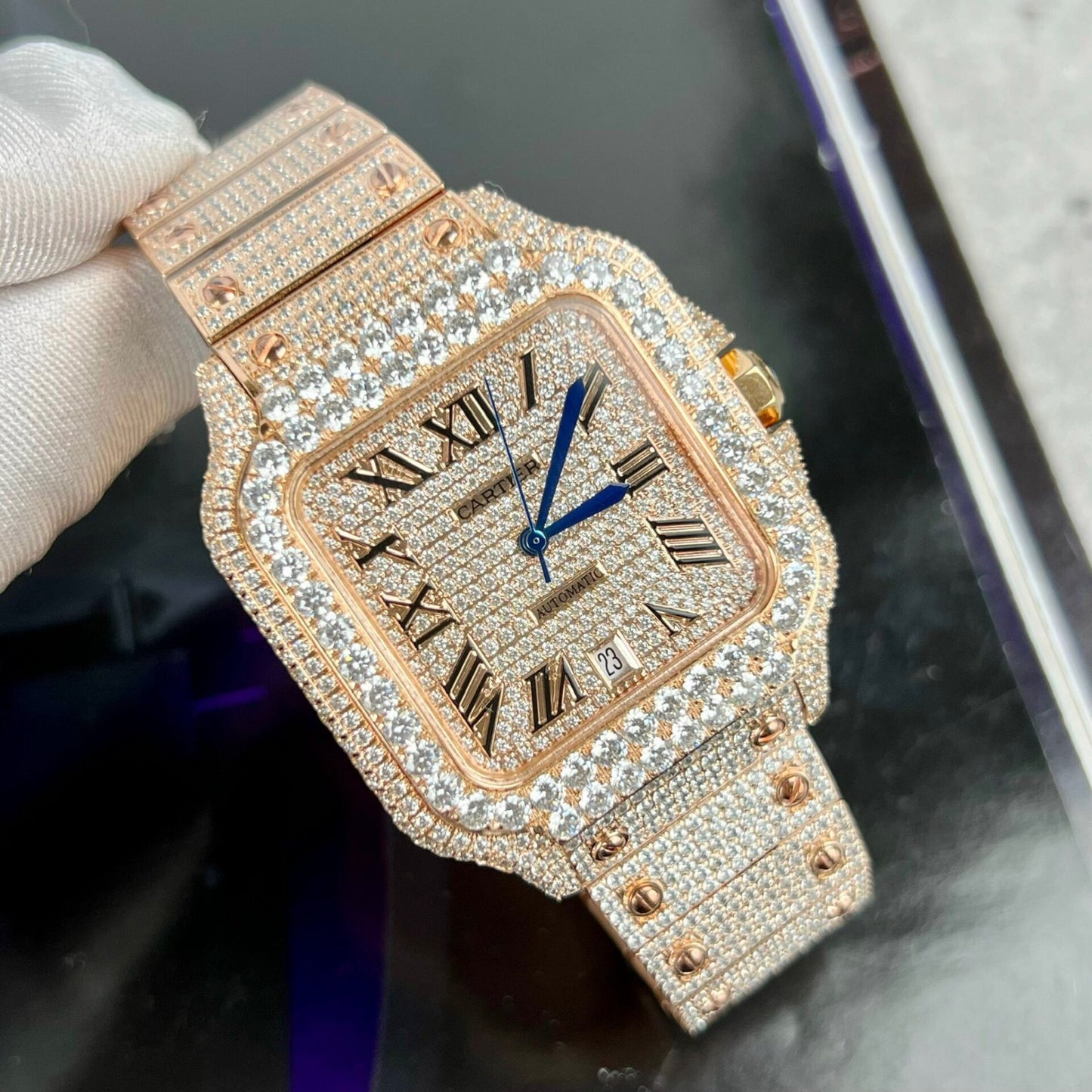 Cartier Santos Men s Full Diamond Replica Watch Highest Quality 39.8mm
