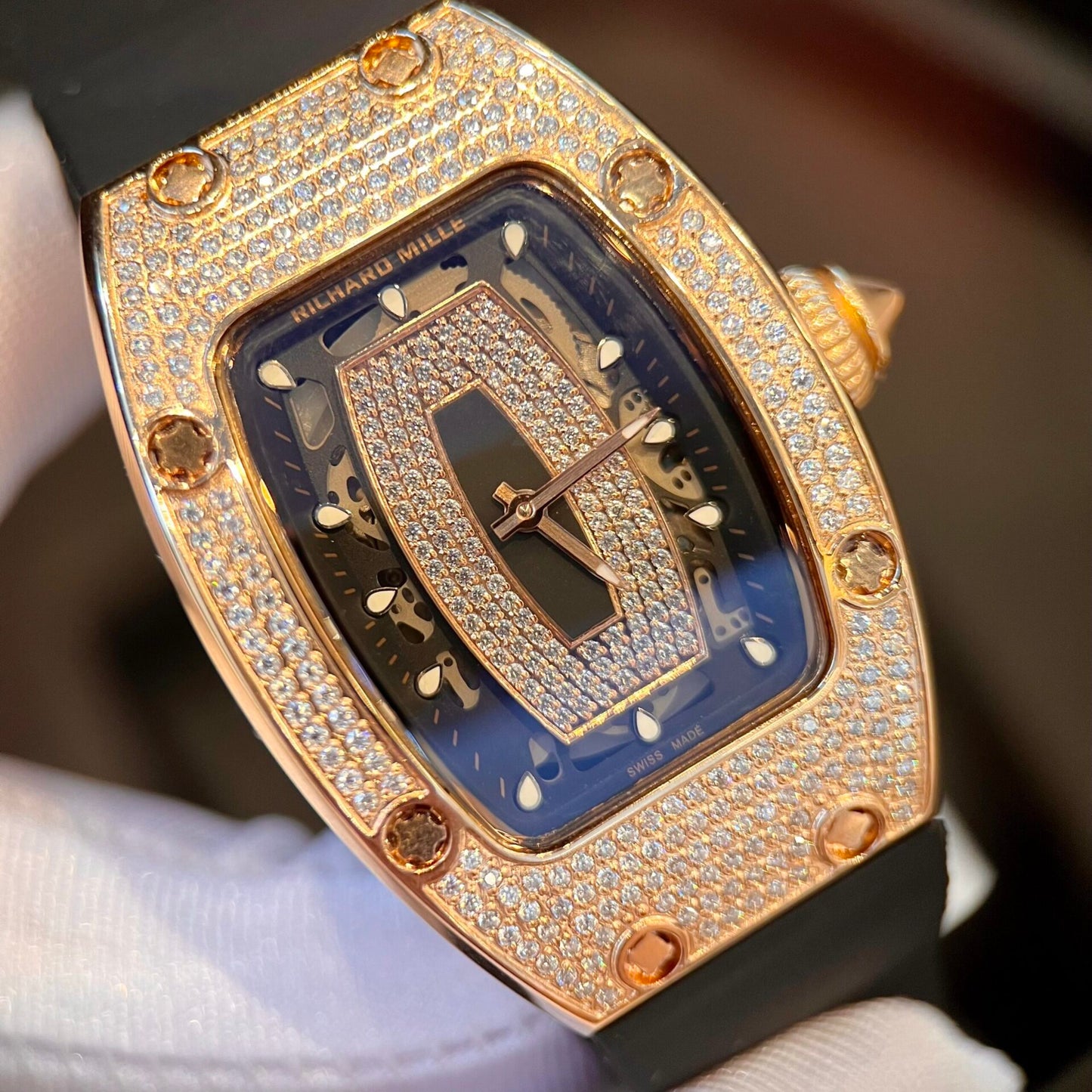 Richard Mille RM007 Gold Wrapped Replica Watch With Moissanite Diamonds 36mm