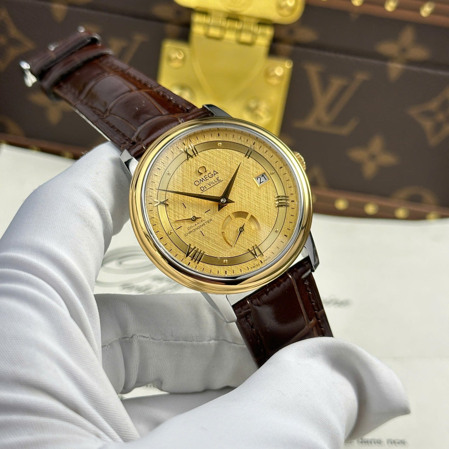 Omega De Ville Prestige Power Reserve Replica 11 Watch Yellow Dial Leather Strap 39.5mm