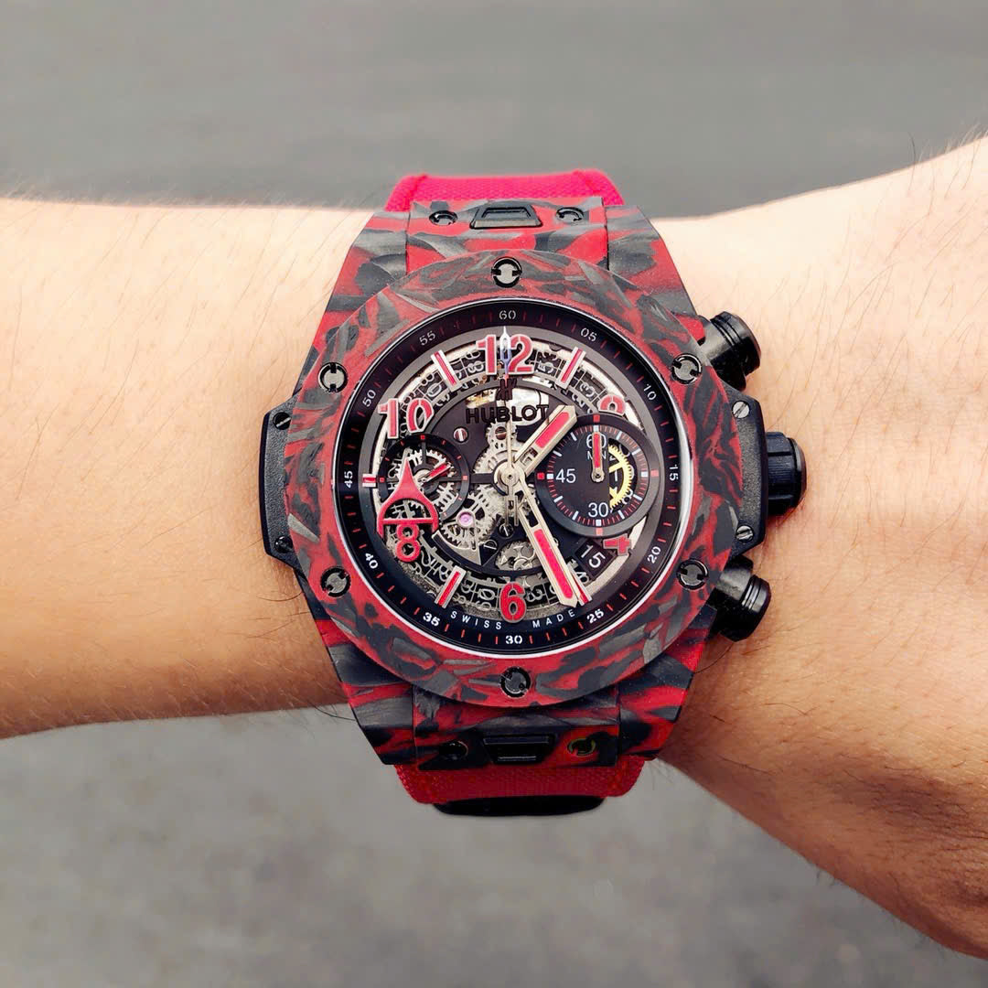 Hublot Big Bang Unico Red Carbon Replica Watches Best Quality Fabric Strap 45mm