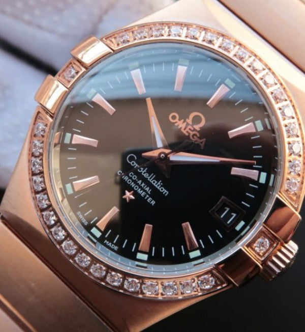 Replica Omega V6 Constellation RG Black Dial Diamonds Bezel RG Bracelet A2500