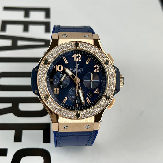 Hublot Replica 1:1 Watch Big Bang Chronograph Blue With Moissanite Bezel 44mm