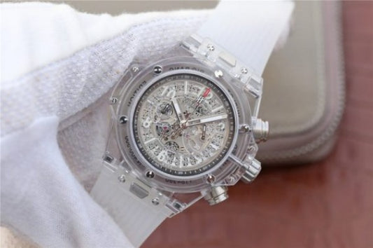 Replica Hublot Big Bang Unico Sapphire Plastic Case Skeleton Dial White Rubber Strap Jap Quartz