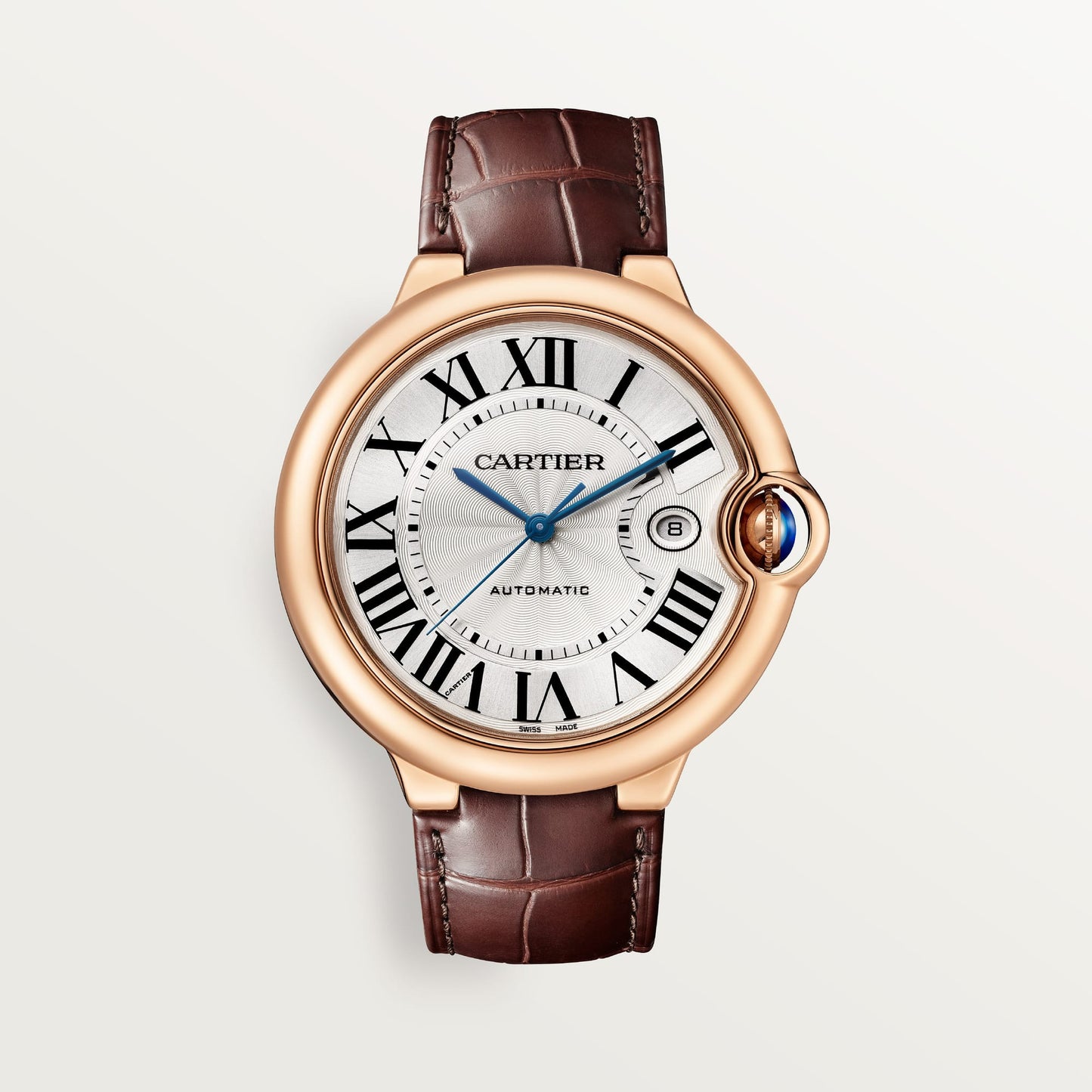 Fake Cartier Watch Ballon Bleu de Rose Gold 42mm Silver Dial Leather Strap WGBB0030 AF(1:1 replica)