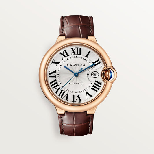 Fake Cartier Watch Ballon Bleu de Rose Gold 42mm Silver Dial Leather Strap WGBB0030 AF(1:1 replica)