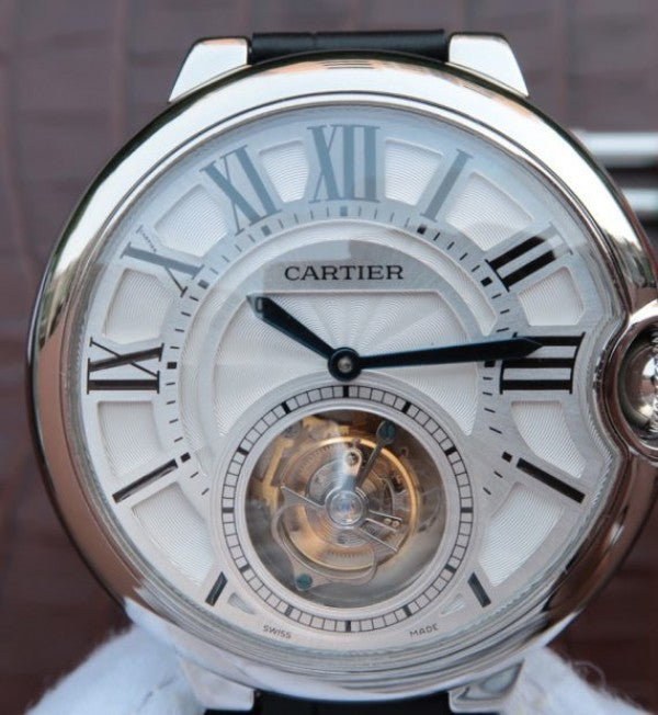 Replica Cartier Ballon Bleu Tourbillon 44mm SS Black Leather Strap