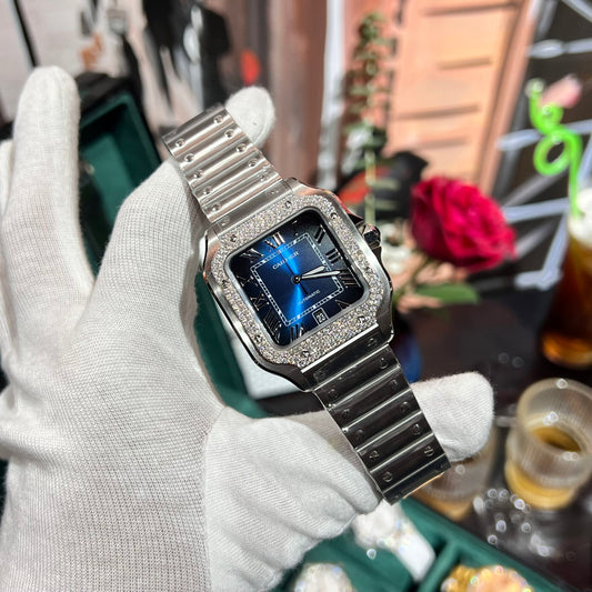 Cartier Replica Watch Santos Moissanite Diamond Bezel Blue Dial BV Factory 39.8mm