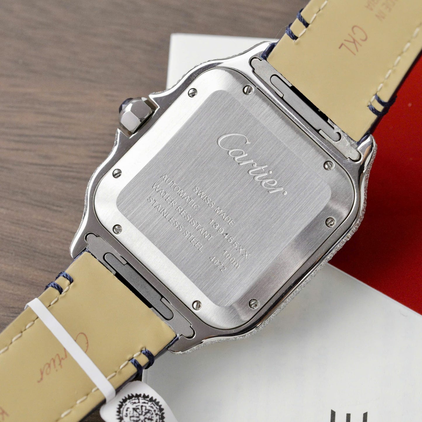 Cartier Santos Copies Watch Dial Blue Custom Diamonds Moissanite Hong Kong 39.8mm