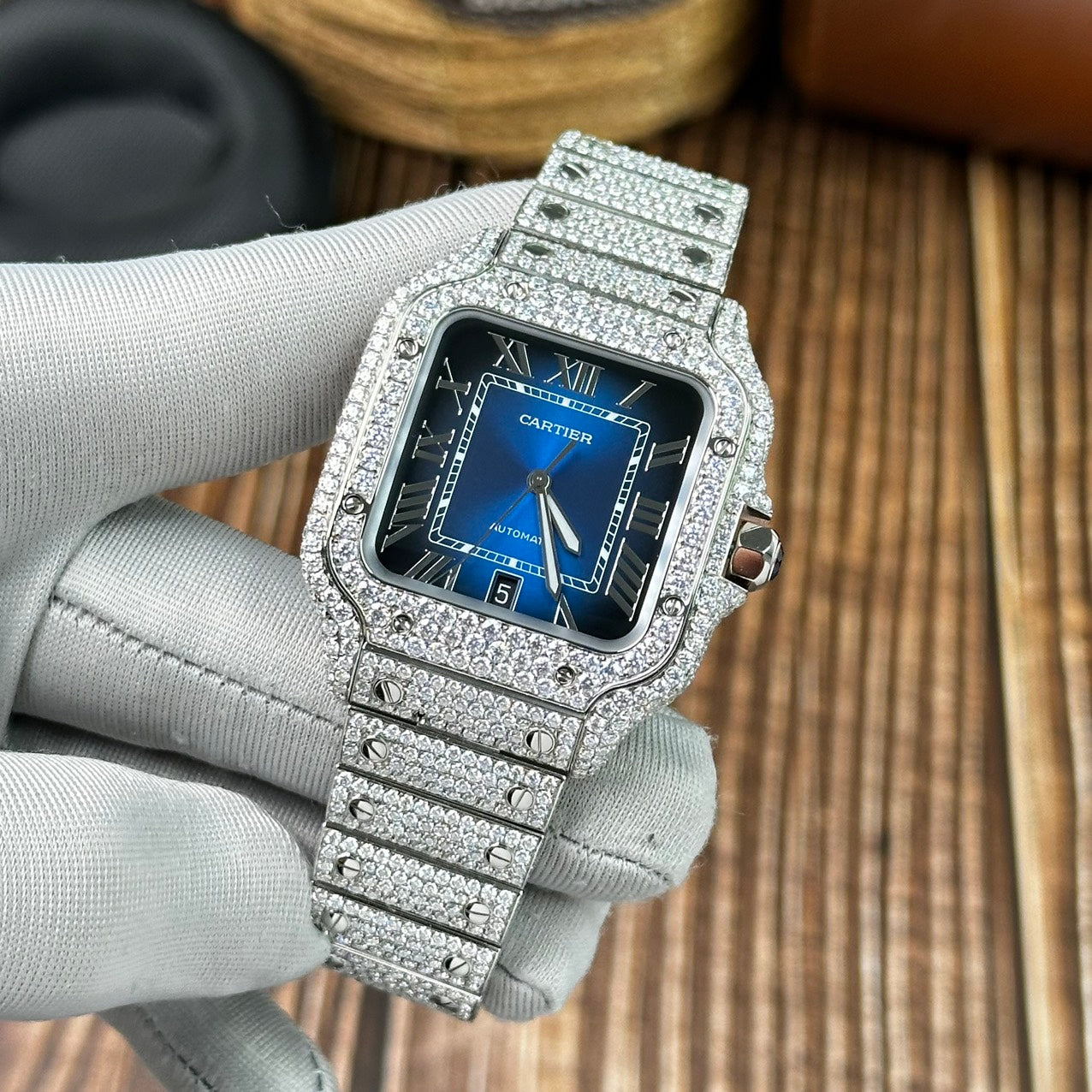 Cartier Replica Watch Santos Full Diamond Moissanite Blue Dial 39.8mm
