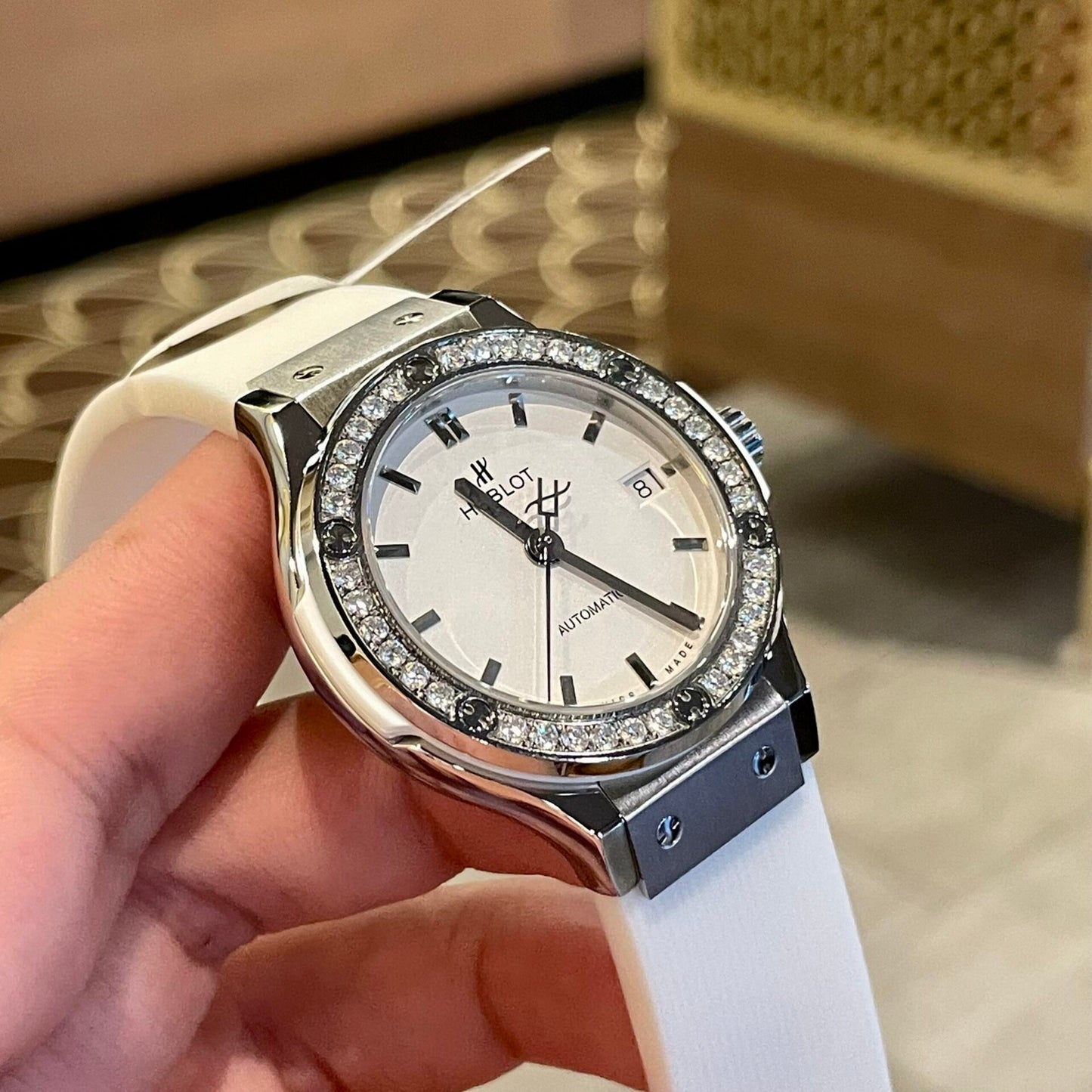 Hublot Replica Watch Classic Fusion White Dial Custom Moissanite Diamonds 38mm