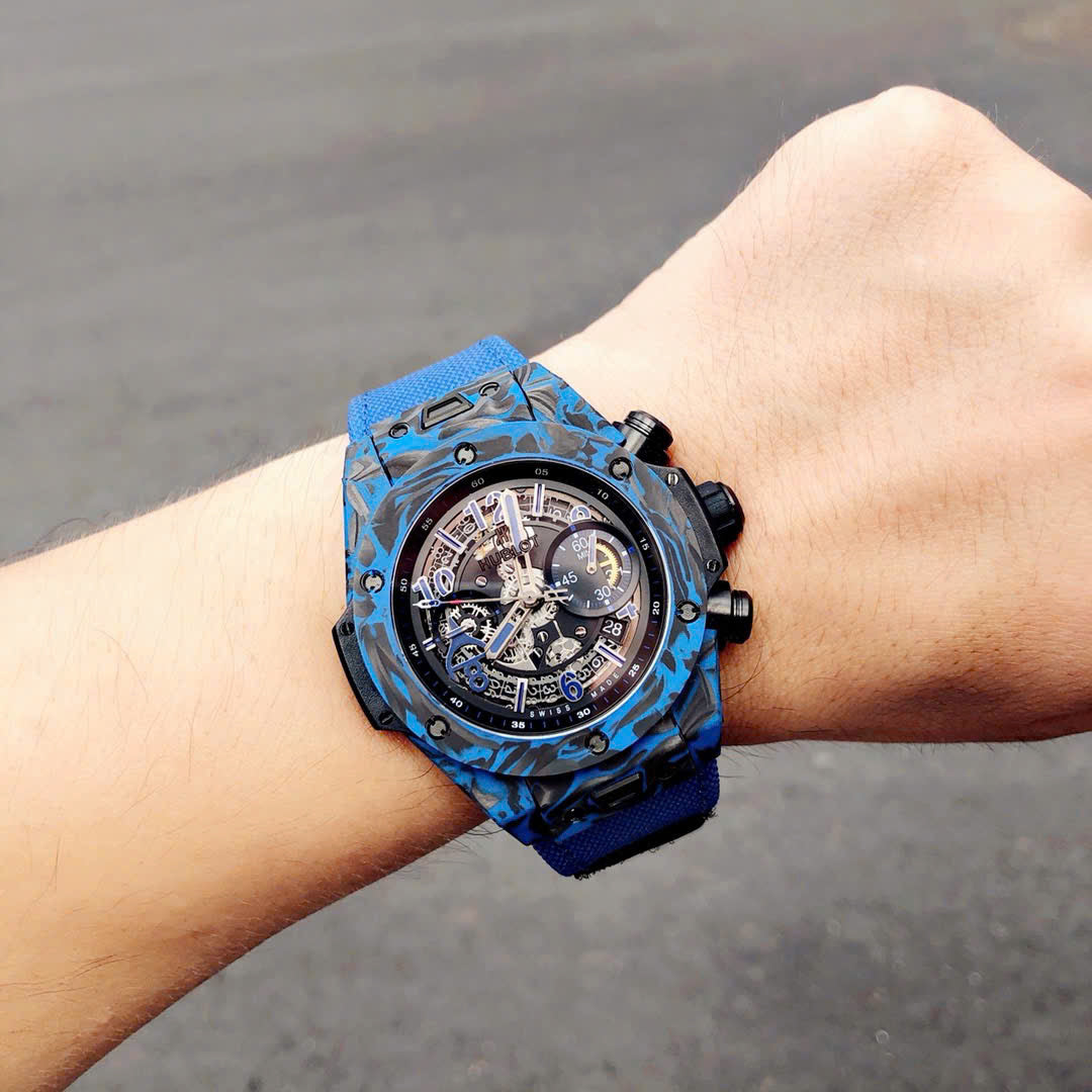 Hublot Big Bang Unico Blue Carbon Replica Watches Best Quality Fabric Strap 45mm
