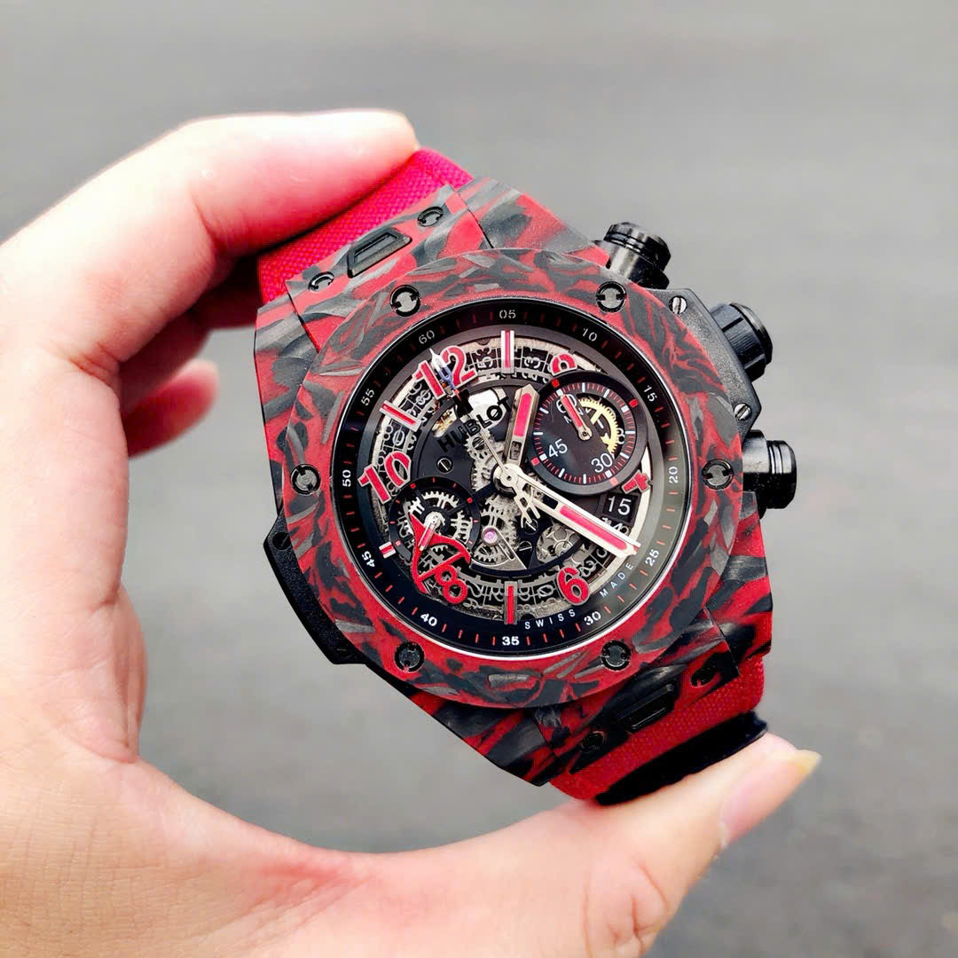 Hublot Big Bang Unico Red Carbon Replica Watches Best Quality Fabric Strap 45mm