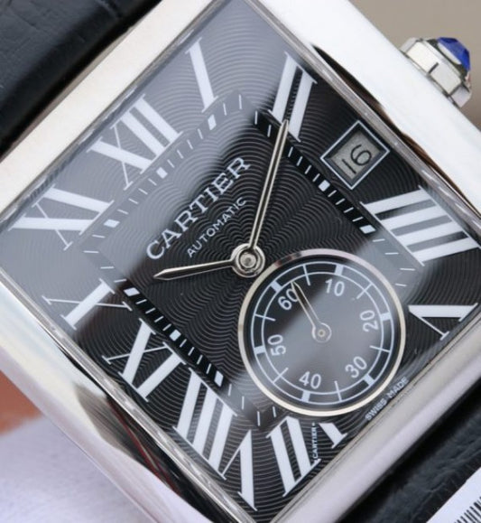 Replica Cartier Tank MC SS Black Textured Dial Black Leather Strap
