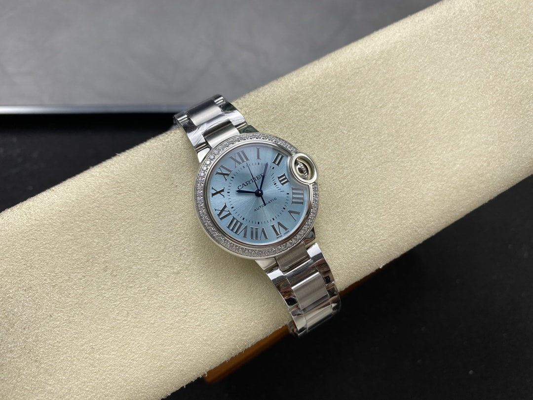 Ballon Bleu de Fake Cartier Watch Steel Diamond Bezel 33mm Blue Silver Dial W4BB0028(1:1 replica)
