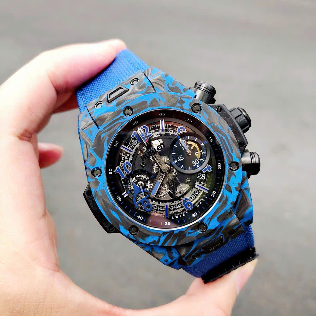 Hublot Big Bang Unico Blue Carbon Replica Watches Best Quality Fabric Strap 45mm