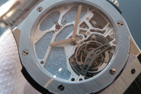 Replica Hublot Classic Fusion Tourbillon 45mm TF Purple Skeleton Dial Black Gummy Strap A23J