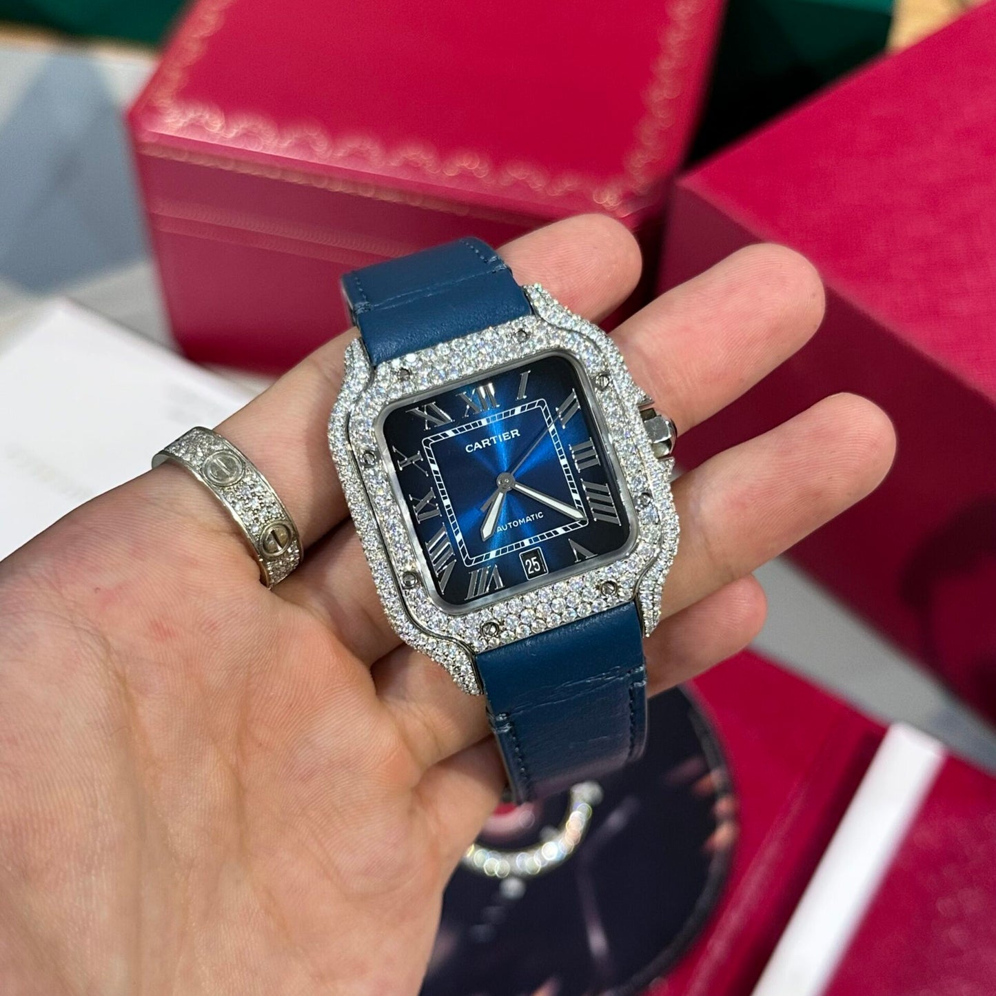 Cartier Santos Replica Watch Blue Dial Custom Moissanite Diamonds 39.8mm