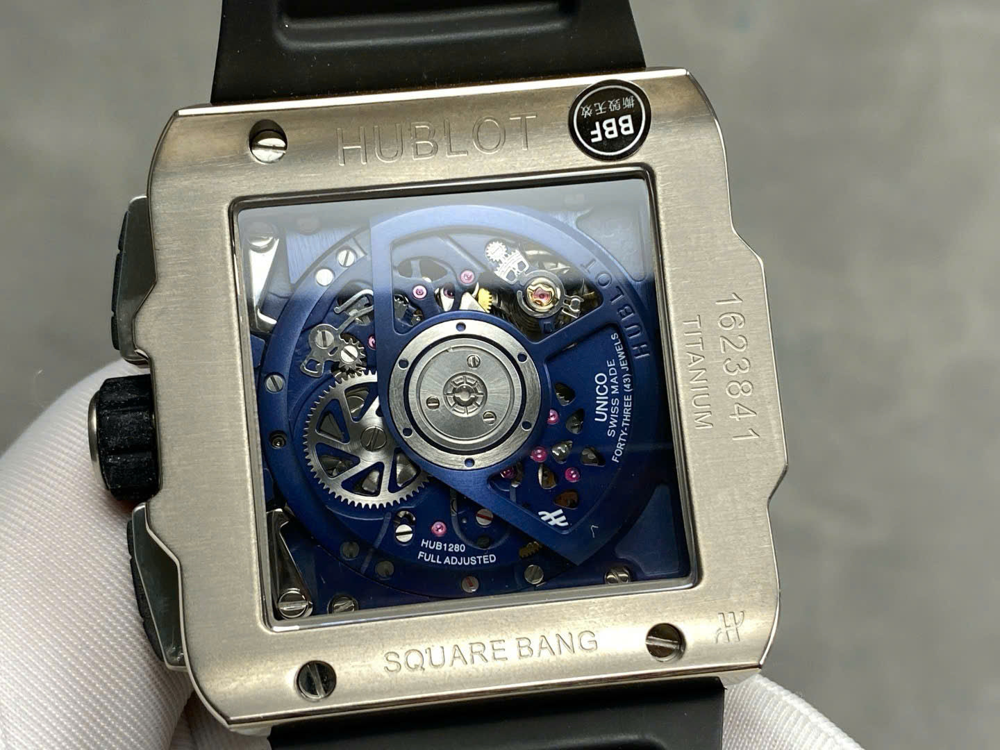 Hublo Square Bang Unico Titanium Replica Watches Blue Rubber Strap BBF Factory 42mm